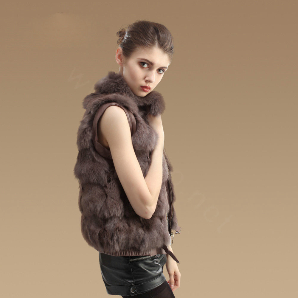 Hot sales New Real Fox Fur Waistcoats Women Fashion Short Genuine Fox Fur Vest Gilet - Khaki