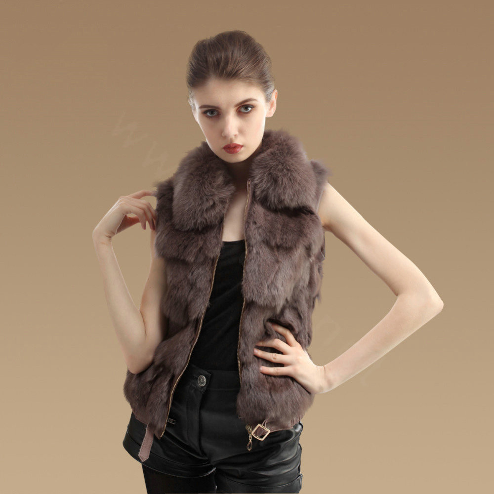 Hot sales New Real Fox Fur Waistcoats Women Fashion Short Genuine Fox Fur Vest Gilet - Khaki