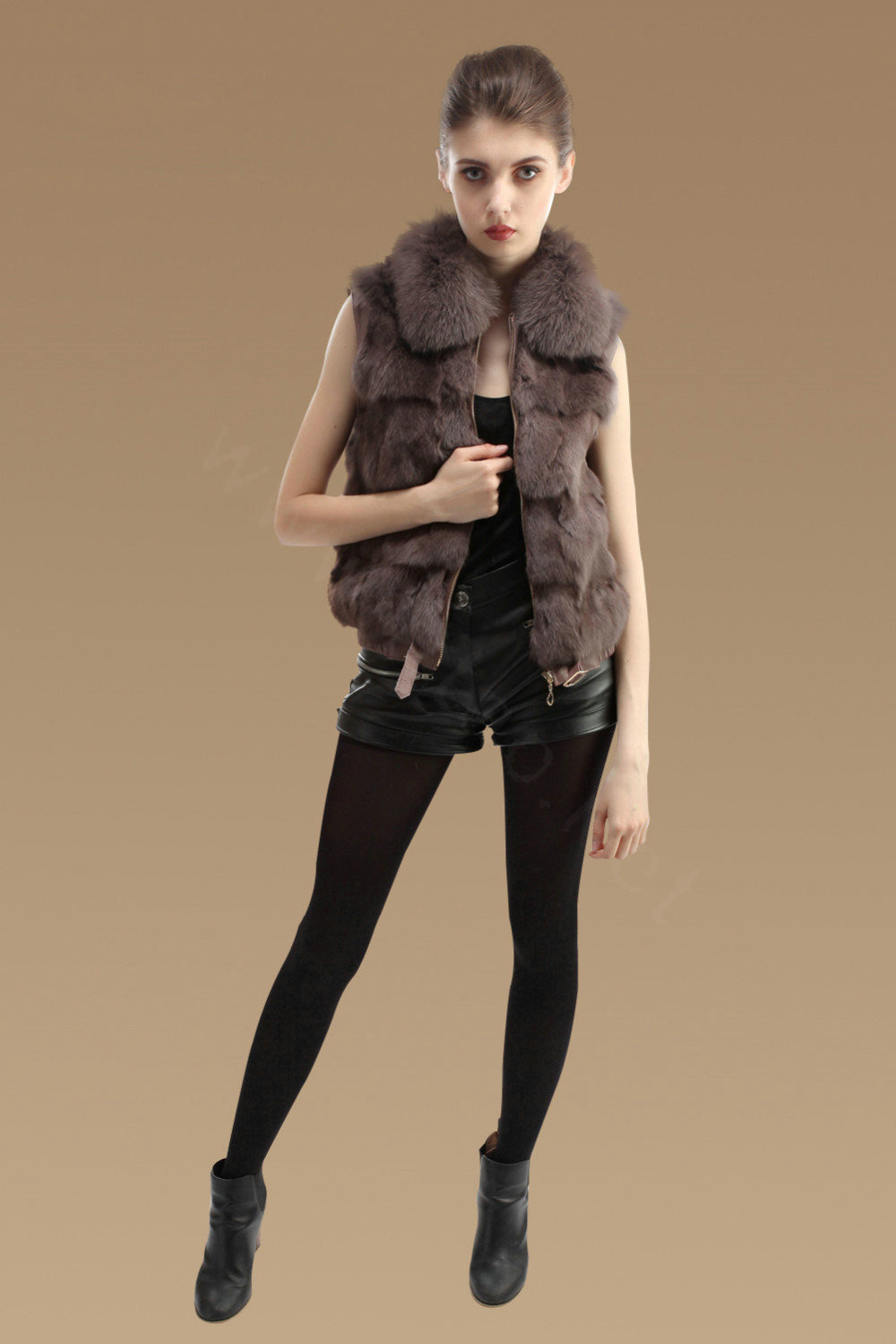 Hot sales New Real Fox Fur Waistcoats Women Fashion Short Genuine Fox Fur Vest Gilet - Khaki