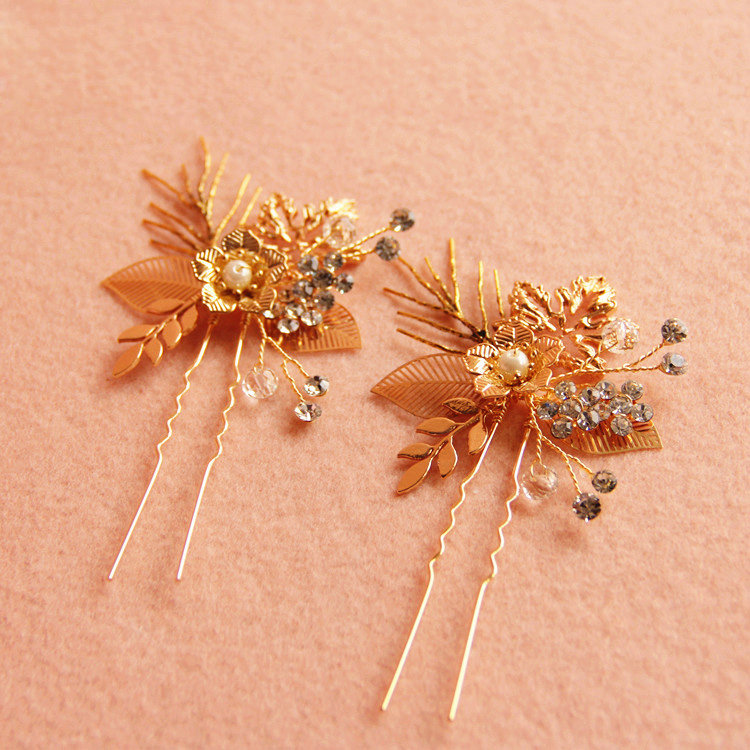 Luxurious Baroque Bridal Gold Crystal Beads Flower Wedding Women Updo Hair pin Accessories