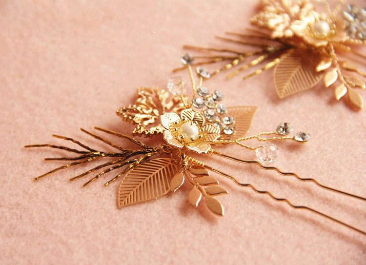 Luxurious Baroque Bridal Gold Crystal Beads Flower Wedding Women Updo Hair pin Accessories