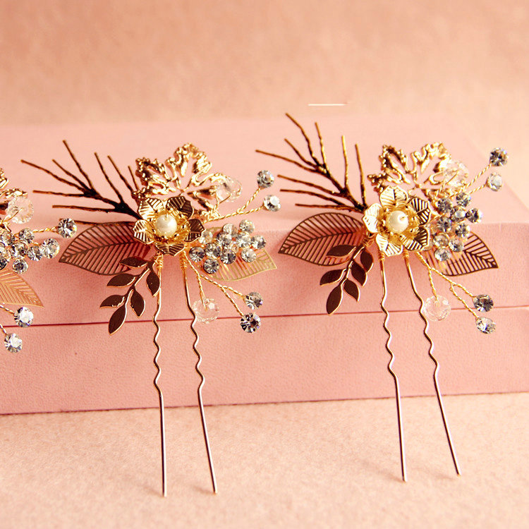 Luxurious Baroque Bridal Gold Crystal Beads Flower Wedding Women Updo Hair pin Accessories