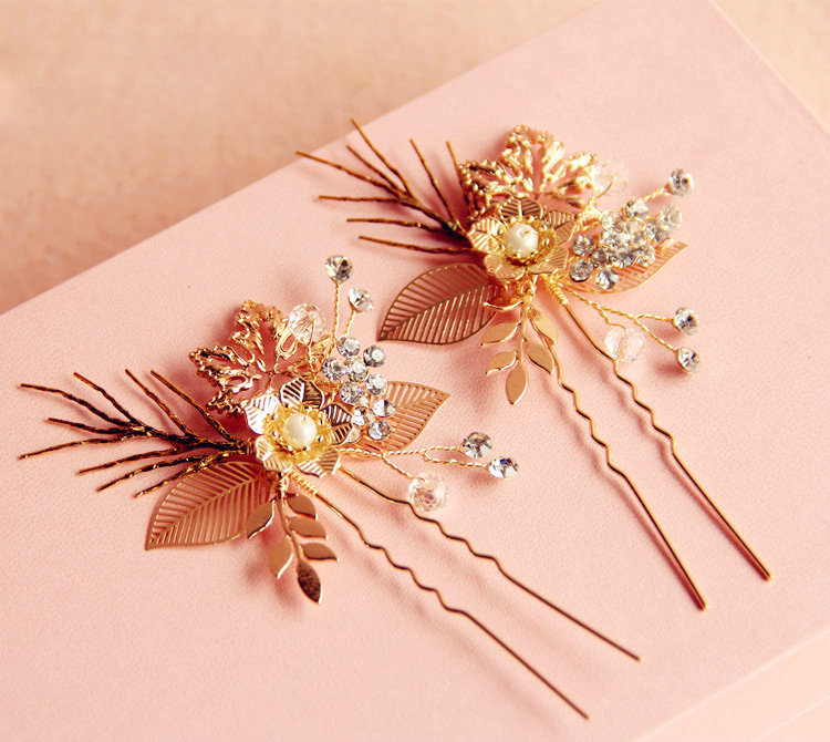 Luxurious Baroque Bridal Gold Crystal Beads Flower Wedding Women Updo Hair pin Accessories