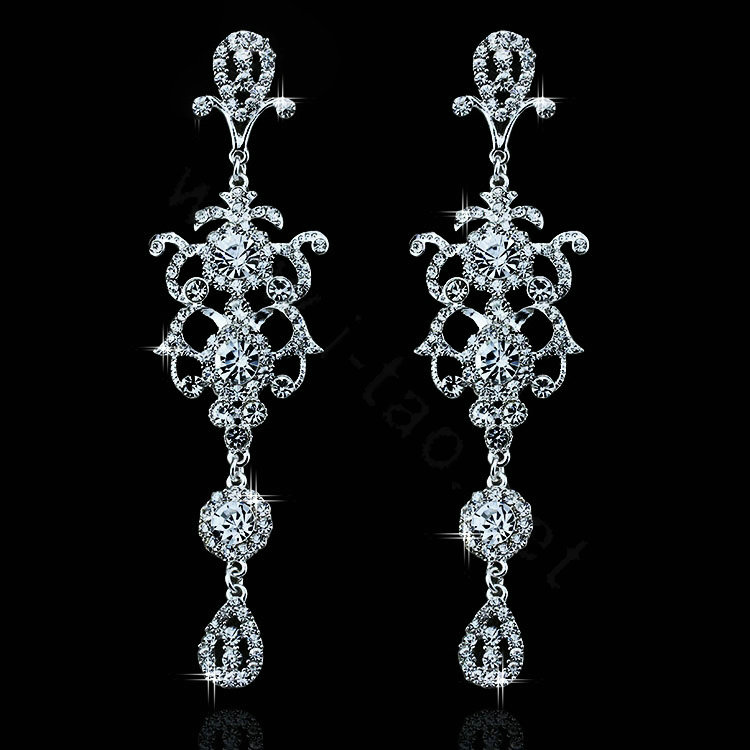 Luxurious Chandelier Crystal Bridal Earrings Silver Floral Long Drop Earrings for Women Wedding Accessories