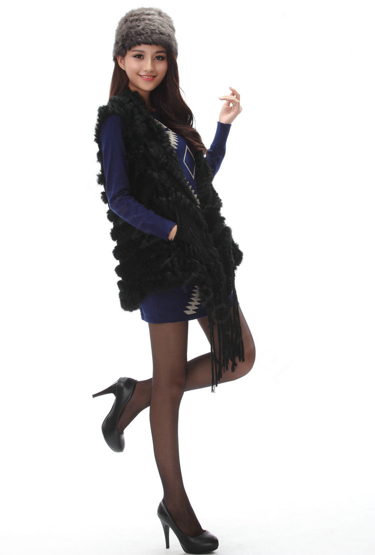 Luxurious Fashion Knitted Real Rabbit Fur Shawl Women's Tassels Pocket Long Fur Scarves Wrap - Black