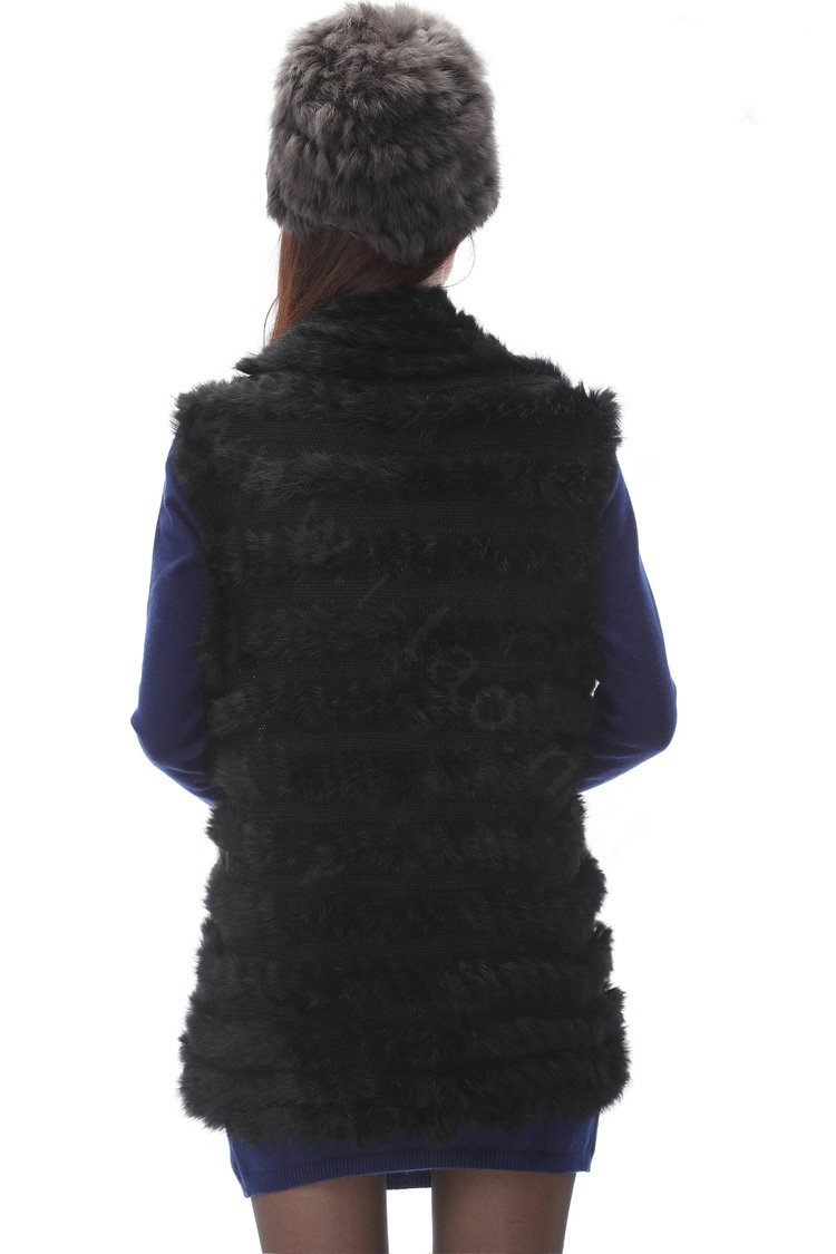 Luxurious Fashion Knitted Real Rabbit Fur Shawl Women's Tassels Pocket Long Fur Scarves Wrap - Black