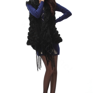 Luxurious Fashion Knitted Real Rabbit Fur Shawl Women's Tassels Pocket Long Fur Scarves Wrap - Black