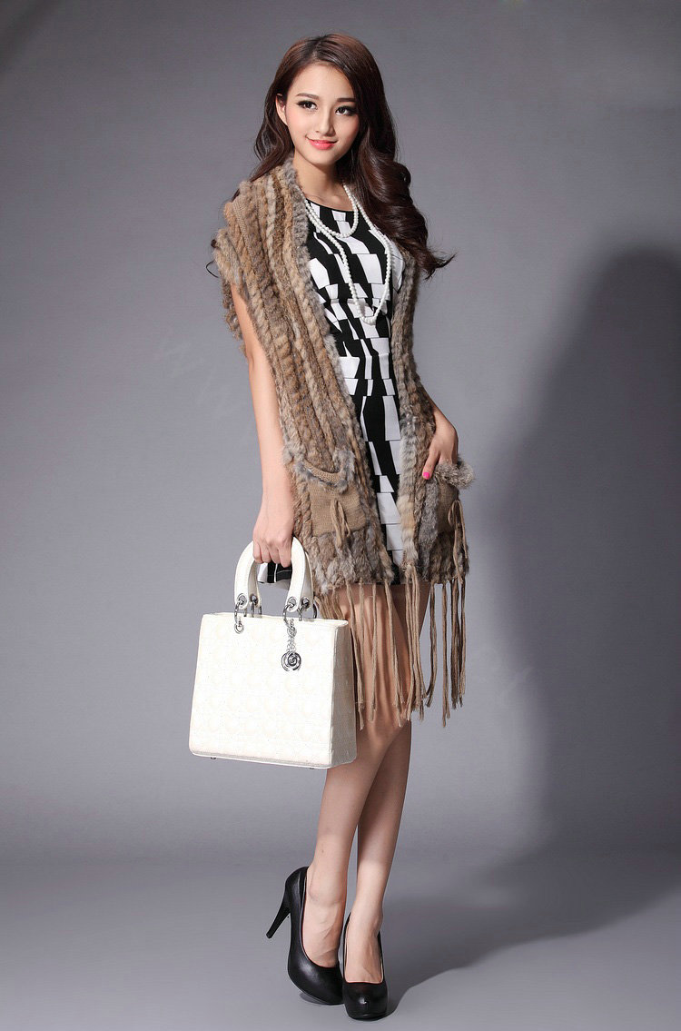 Luxurious Fashion Knitted Real Rabbit Fur Shawl Womens Tassels Pocket Long Fur Scarves Wrap - Natural Yellow