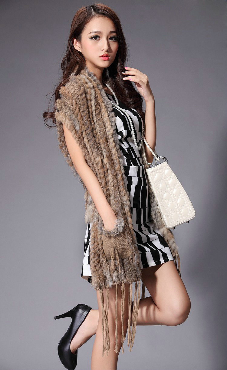 Luxurious Fashion Knitted Real Rabbit Fur Shawl Womens Tassels Pocket Long Fur Scarves Wrap - Natural Yellow