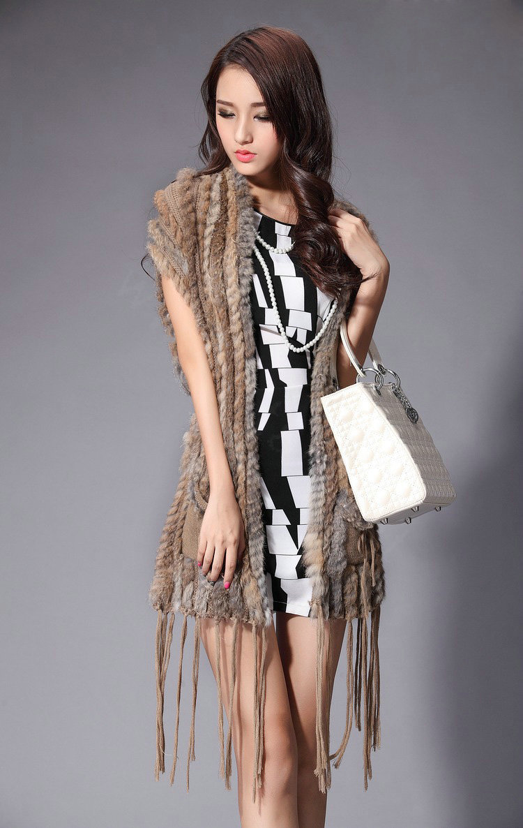 Luxurious Fashion Knitted Real Rabbit Fur Shawl Womens Tassels Pocket Long Fur Scarves Wrap - Natural Yellow