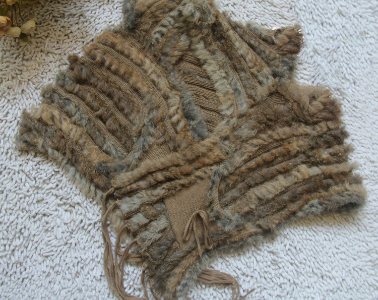 Luxurious Fashion Knitted Real Rabbit Fur Shawl Womens Tassels Pocket Long Fur Scarves Wrap - Natural Yellow