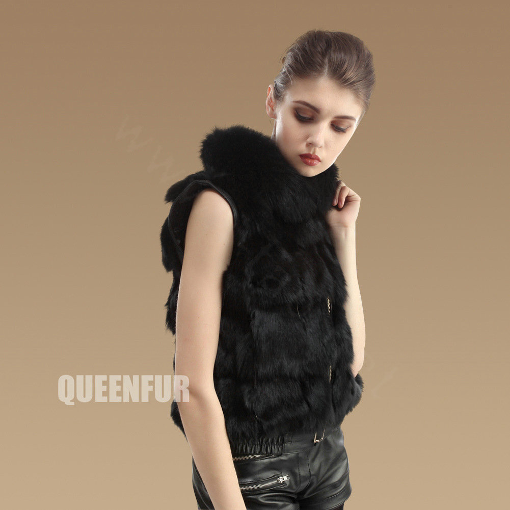 Luxurious Genuine Knitted Fox Fur Waistcoat Fashion Women Short Winter Real Fur Vests - Black