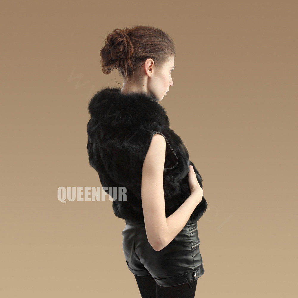 Luxurious Genuine Knitted Fox Fur Waistcoat Fashion Women Short Winter Real Fur Vests - Black