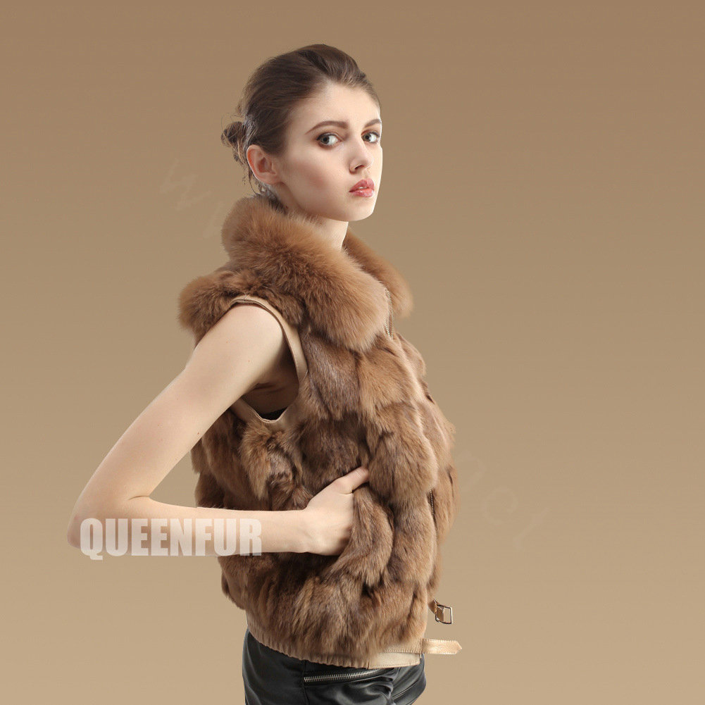 Luxurious Genuine Knitted Fox Fur Waistcoat Fashion Women Short Winter Real Fur Vests - Camel