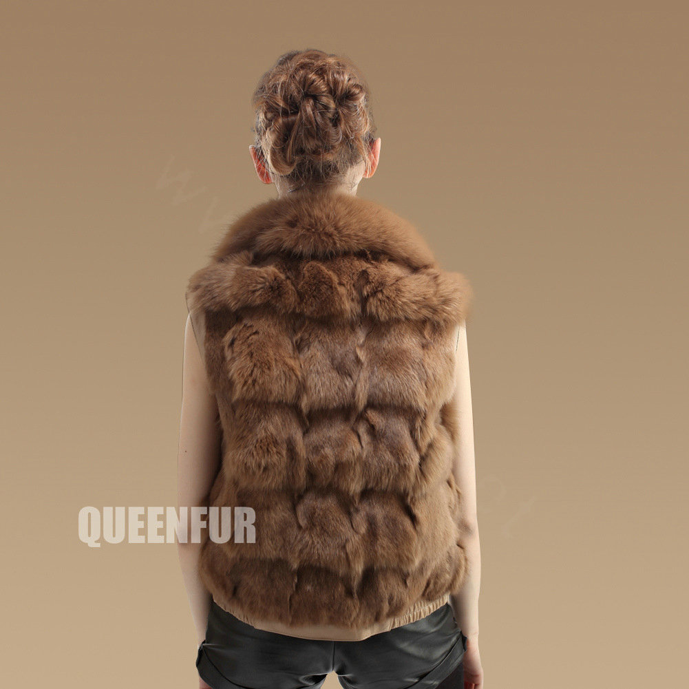 Luxurious Genuine Knitted Fox Fur Waistcoat Fashion Women Short Winter Real Fur Vests - Camel