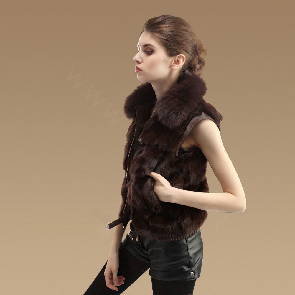 Luxurious Genuine Knitted Fox Fur Waistcoat Fashion Women Short Winter Real Fur Vests - Coffee