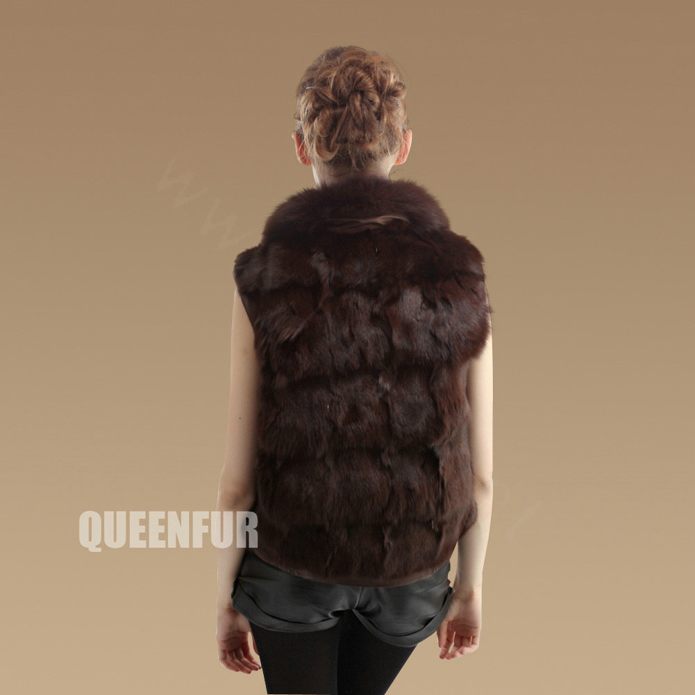 Luxurious Genuine Knitted Fox Fur Waistcoat Fashion Women Short Winter Real Fur Vests - Coffee
