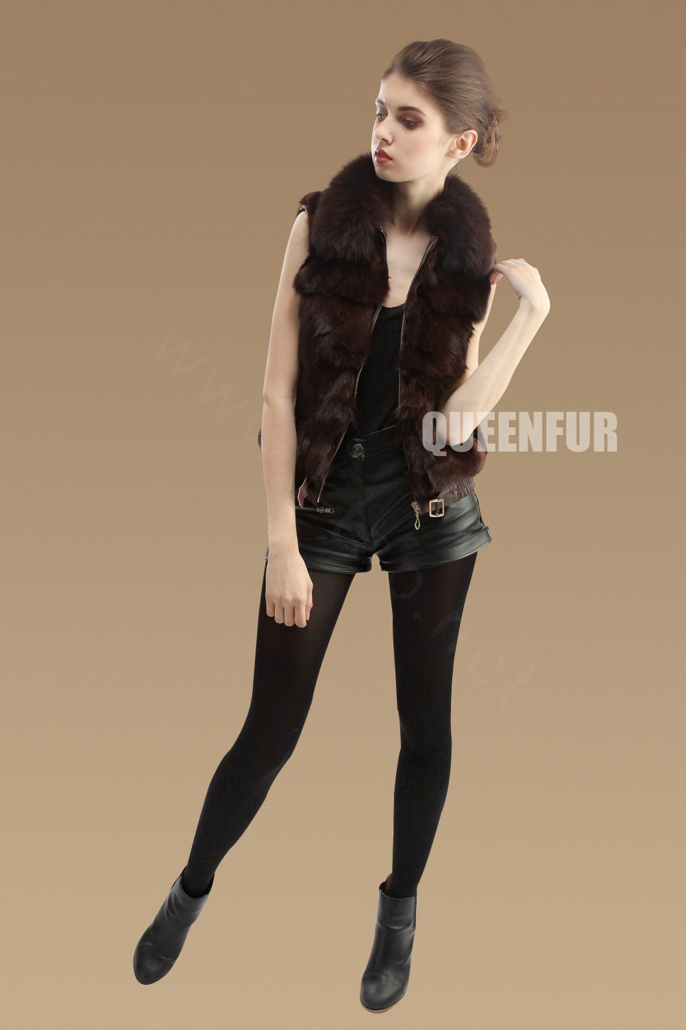 Luxurious Genuine Knitted Fox Fur Waistcoat Fashion Women Short Winter Real Fur Vests - Coffee