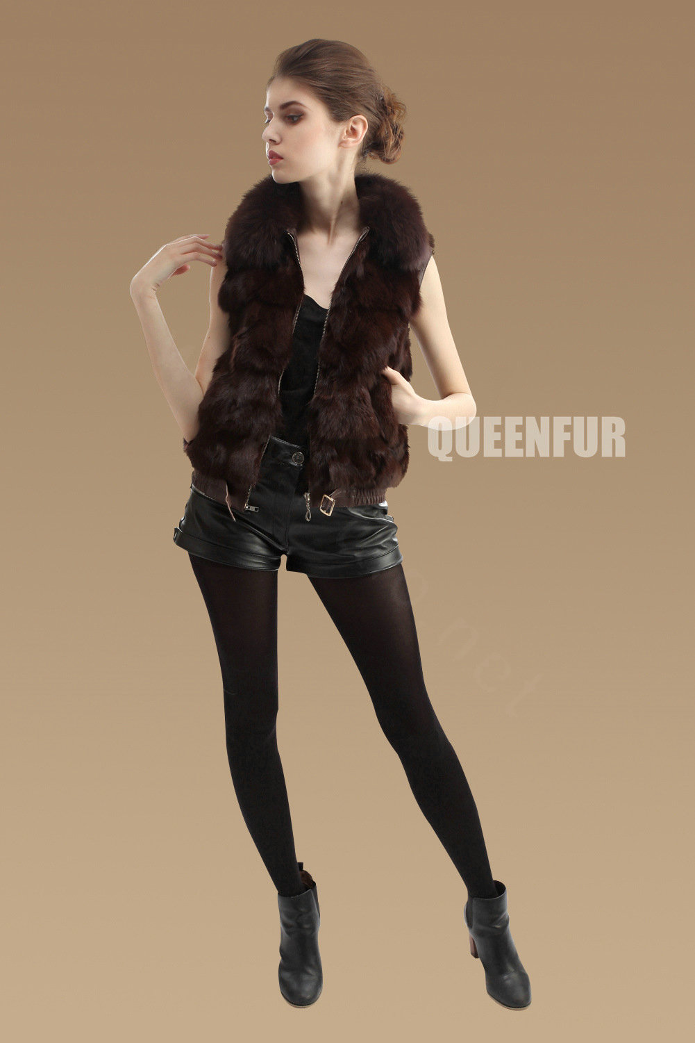 Luxurious Genuine Knitted Fox Fur Waistcoat Fashion Women Short Winter Real Fur Vests - Coffee