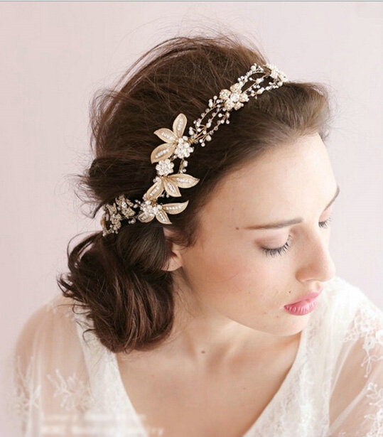 Luxurious Gold Leaf Crystal Beads Pearl Wedding Bridal Hairbands Women Hair Ribbon Accessories
