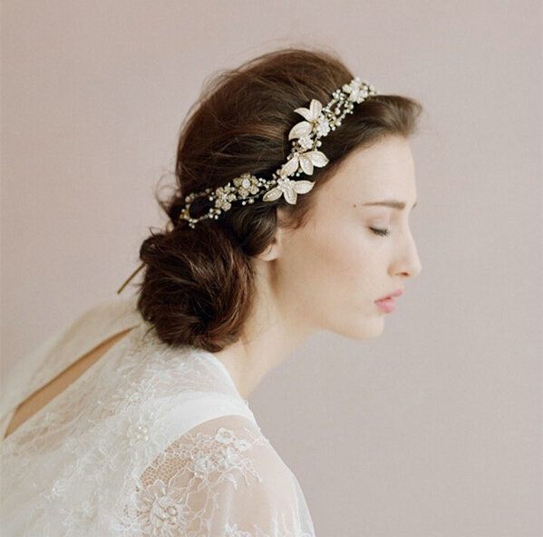 Luxurious Gold Leaf Crystal Beads Pearl Wedding Bridal Hairbands Women Hair Ribbon Accessories