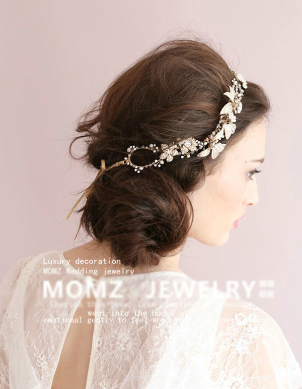 Luxurious Gold Leaf Crystal Beads Pearl Wedding Bridal Hairbands Women Hair Ribbon Accessories