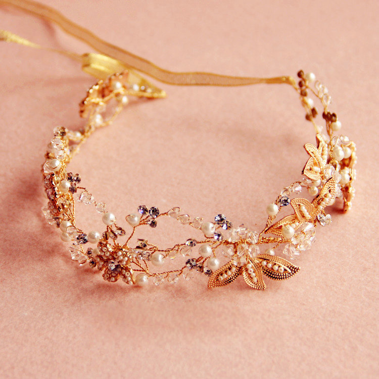 Luxurious Gold Leaf Crystal Beads Pearl Wedding Bridal Hairbands Women Hair Ribbon Accessories