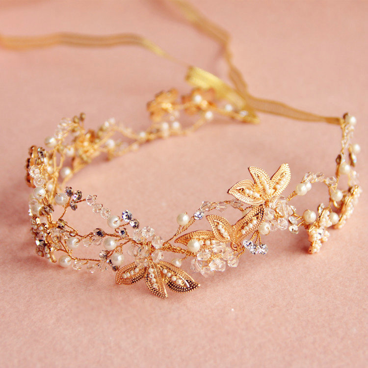 Luxurious Gold Leaf Crystal Beads Pearl Wedding Bridal Hairbands Women Hair Ribbon Accessories