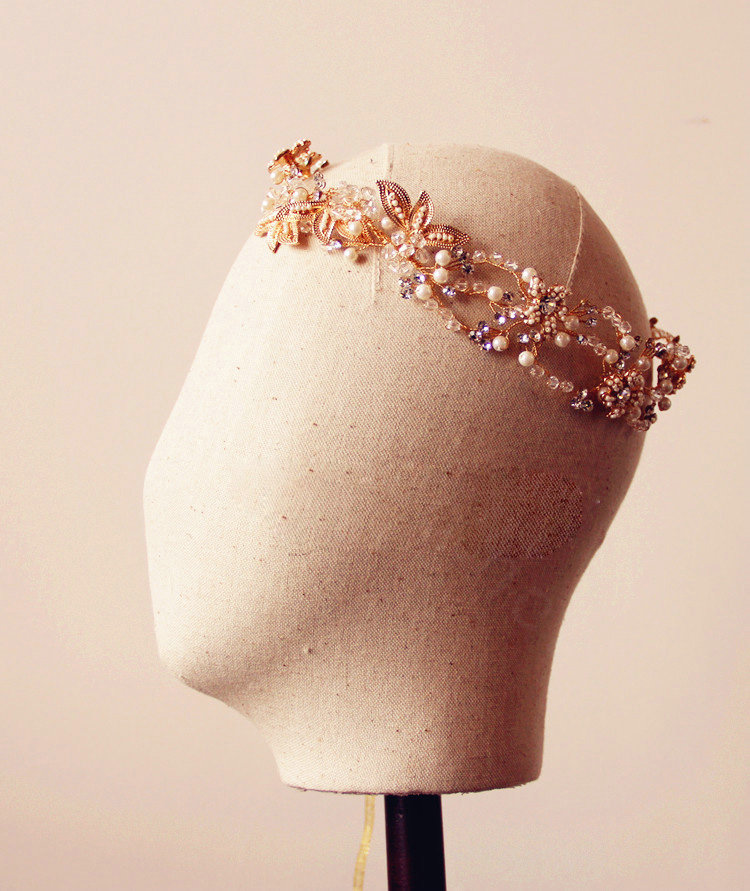 Luxurious Gold Leaf Crystal Beads Pearl Wedding Bridal Hairbands Women Hair Ribbon Accessories