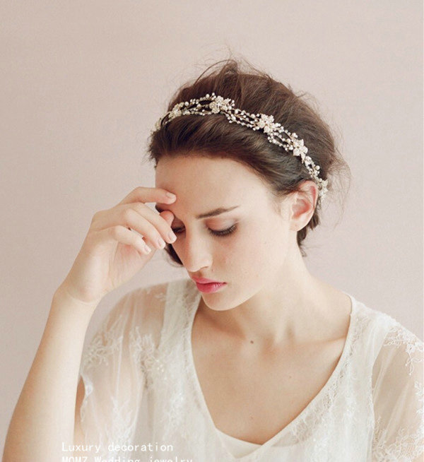 Luxurious Gold Leaf Crystal Beads Pearl Wedding Bridal Hairbands Women Hair Ribbon Accessories