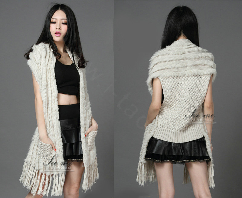 Luxurious Knitted Real Rabbit Fur Long Shawl Fashion Women's Tassels Pocket Fur Vests - Beige