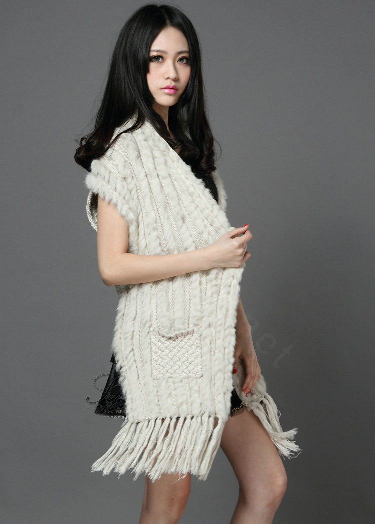 Luxurious Knitted Real Rabbit Fur Long Shawl Fashion Women's Tassels Pocket Fur Vests - Beige