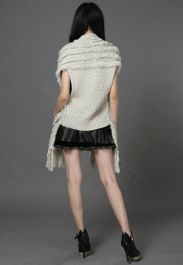Luxurious Knitted Real Rabbit Fur Long Shawl Fashion Women's Tassels Pocket Fur Vests - Beige