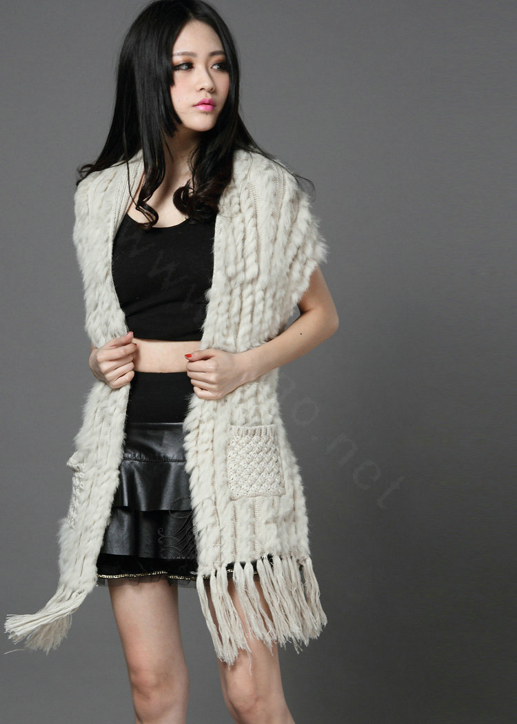 Luxurious Knitted Real Rabbit Fur Long Shawl Fashion Women's Tassels Pocket Fur Vests - Beige