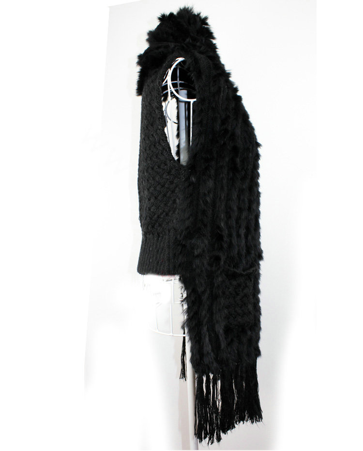 Luxurious Knitted Real Rabbit Fur Long Shawl Fashion Women's Tassels Pocket Fur Vests - Black