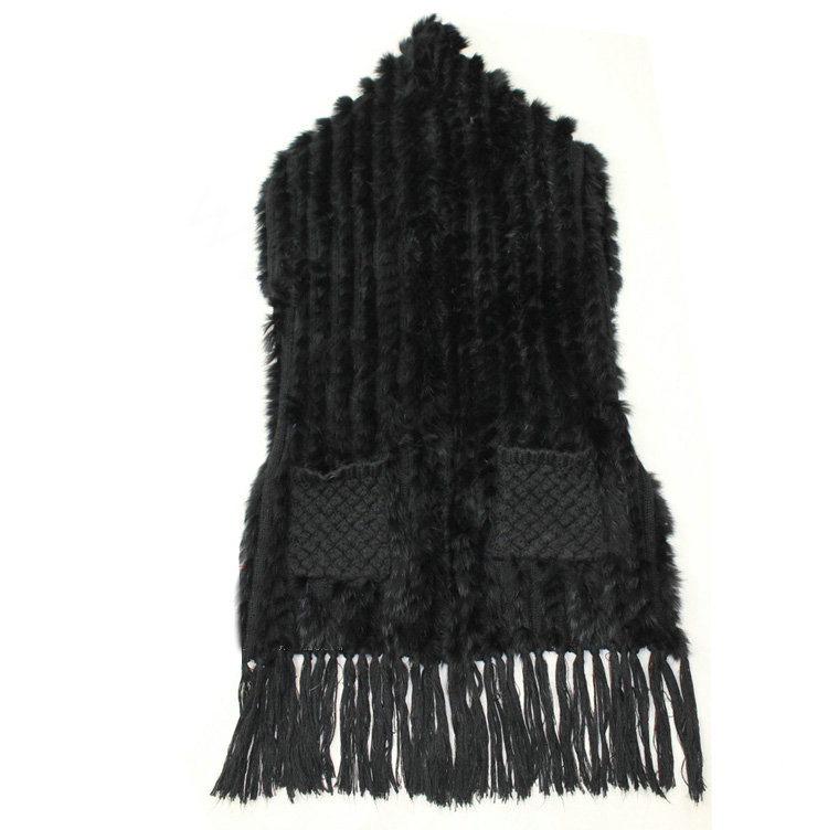 Luxurious Knitted Real Rabbit Fur Long Shawl Fashion Women's Tassels Pocket Fur Vests - Black