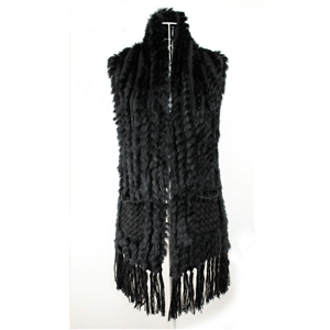 Luxurious Knitted Real Rabbit Fur Long Shawl Fashion Women's Tassels Pocket Fur Vests - Black