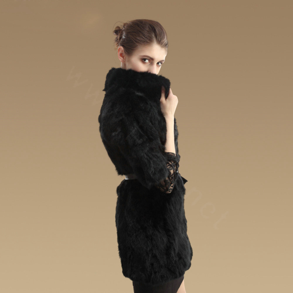 Luxurious Natural Rabbit Fur Coat Women Fashion Long Warm Stand Collar Fur Jacket - Black