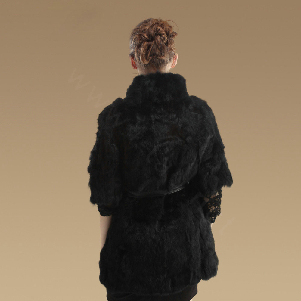 Luxurious Natural Rabbit Fur Coat Women Fashion Long Warm Stand Collar Fur Jacket - Black