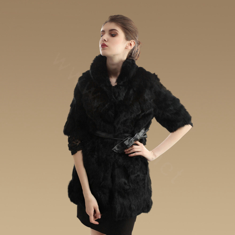Luxurious Natural Rabbit Fur Coat Women Fashion Long Warm Stand Collar Fur Jacket - Black