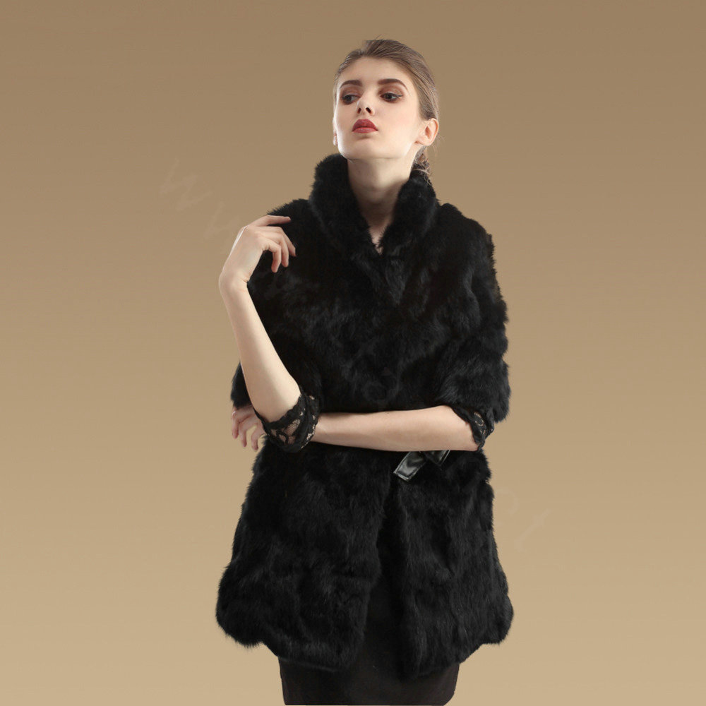 Luxurious Natural Rabbit Fur Coat Women Fashion Long Warm Stand Collar Fur Jacket - Black