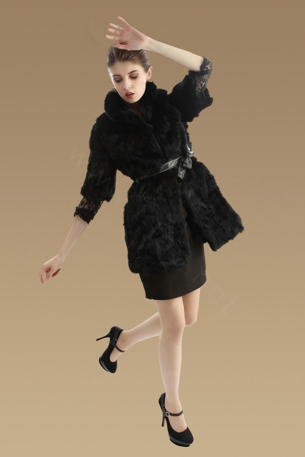 Luxurious Natural Rabbit Fur Coat Women Fashion Long Warm Stand Collar Fur Jacket - Black