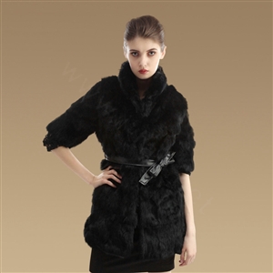 Luxurious Natural Rabbit Fur Coat Women Fashion Long Warm Stand Collar Fur Jacket - Black