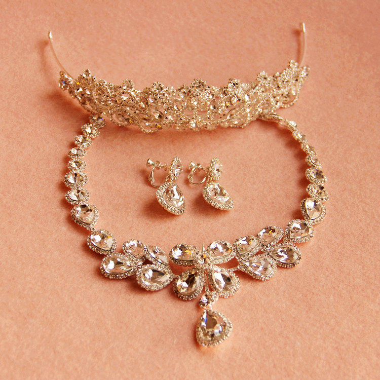 Luxury Clear Rhinestone Water Drops Crystal Necklace Earring Tiara Bridal Wedding Party Jewelry Sets