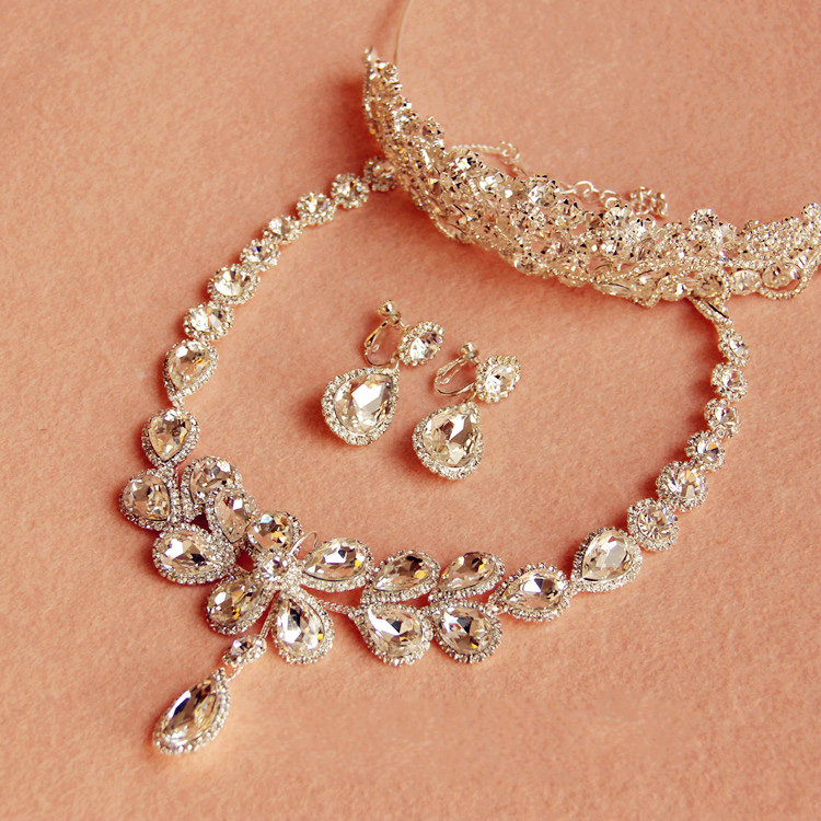 Luxury Clear Rhinestone Water Drops Crystal Necklace Earring Tiara Bridal Wedding Party Jewelry Sets