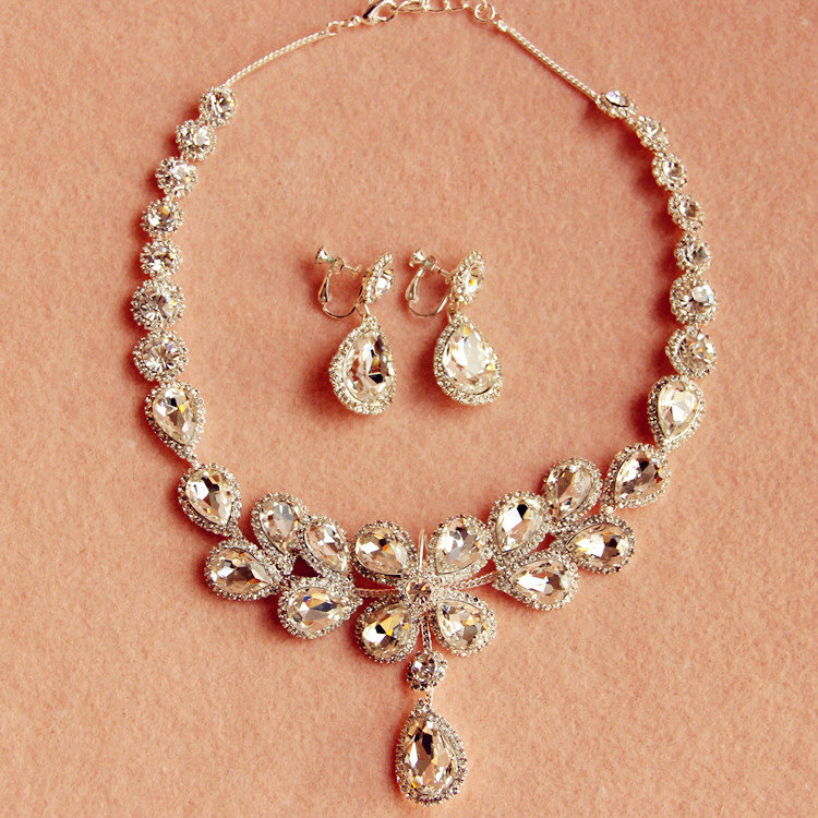 Luxury Clear Rhinestone Water Drops Crystal Necklace Earring Tiara Bridal Wedding Party Jewelry Sets