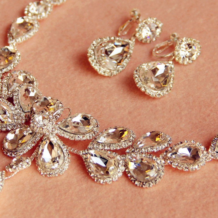 Luxury Clear Rhinestone Water Drops Crystal Necklace Earring Tiara Bridal Wedding Party Jewelry Sets