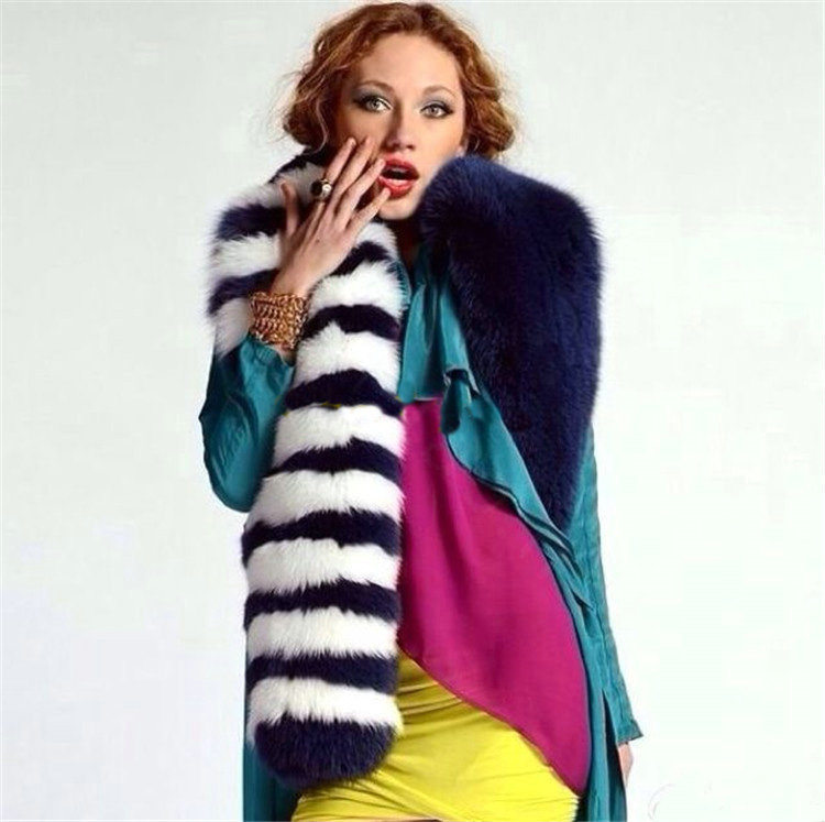 Luxury Fashion Black and White Stripe Double Color Block Women Unique Fox Fur Scarf Faux Fur Shawls Wraps