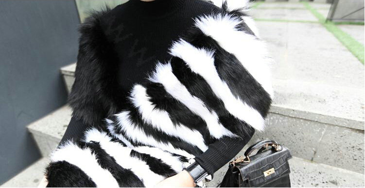 Luxury Fashion Black and White Stripe Double Color Block Women Unique Fox Fur Scarf Faux Fur Shawls Wraps