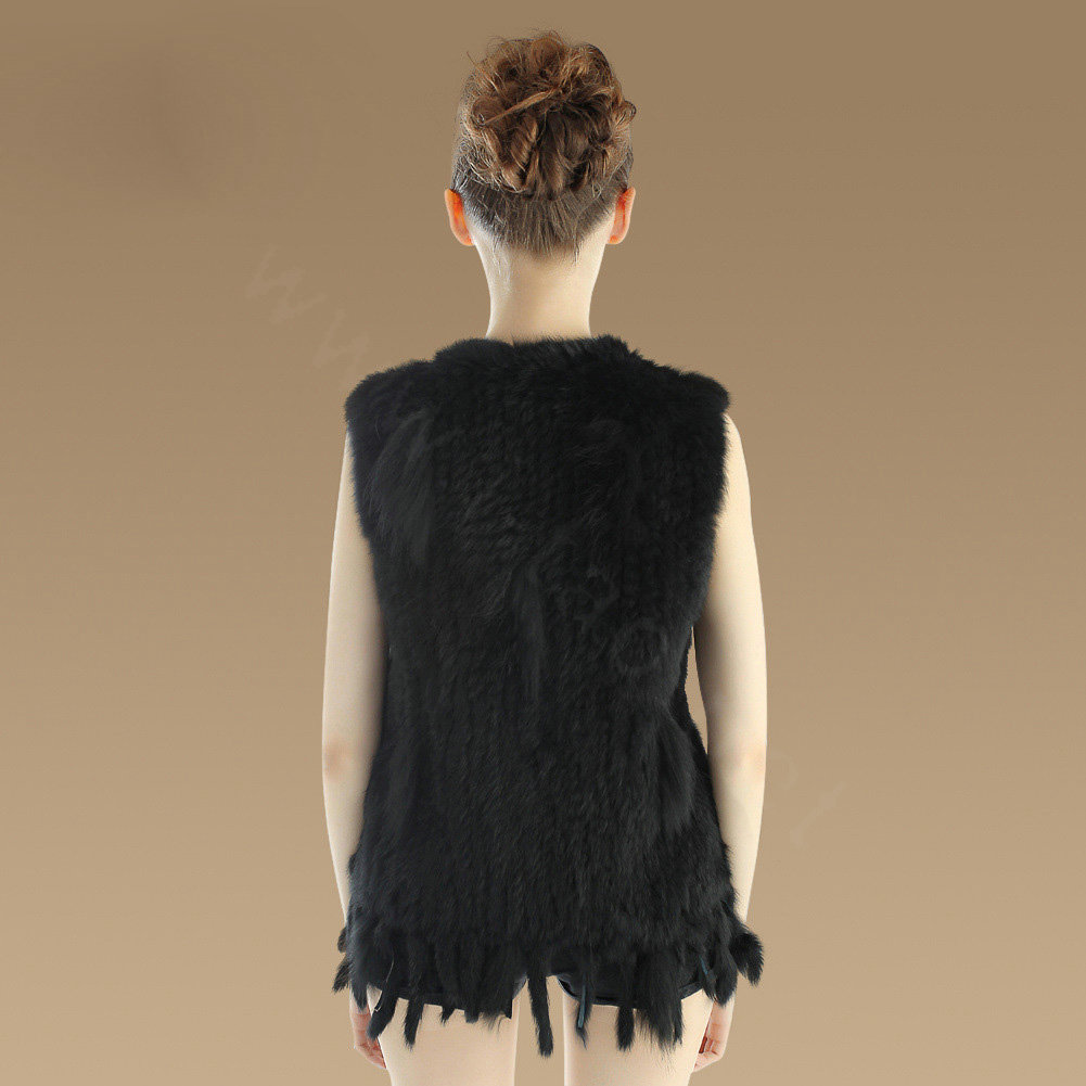 Luxury Fashion Knitted Rabbit Fur Waistcoat With Raccoon Fur Tassels Women Gliet - Black